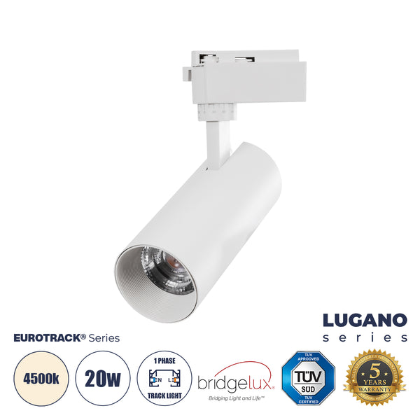 LUGANO 60807 Μονοφασικό Φωτιστικό Σποτ Ράγας LED 20W 2500lm 36° Acrylic HQ LENS AC 220-240V IP20 Φ6.5 x Υ22cm Φυσικό Λευκό 4500K - EUROTRACK® System 1L+1N - Λευκό - Bridgelux Chip - TÜV Certified Driver - 5 Χρόνια Εγγύηση