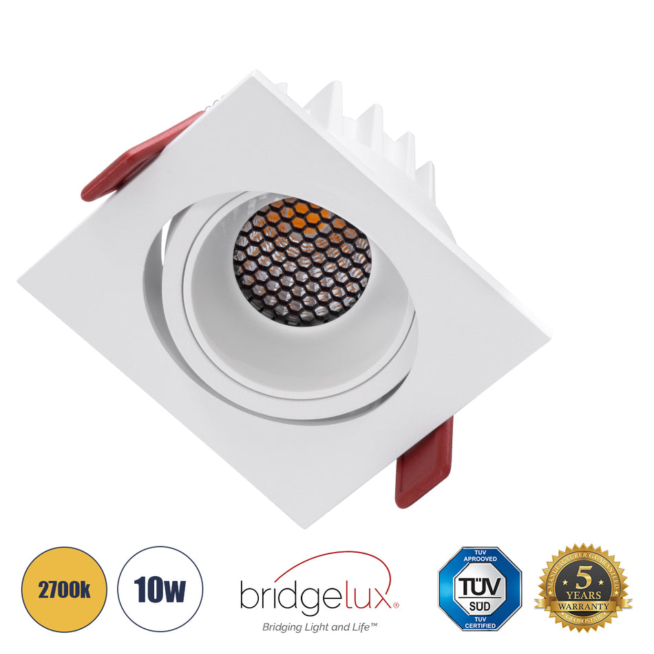 GLOBOSTAR® LEO-SQ 60291 Χωνευτό Κινούμενο Downlight Σποτ με Honeycomb Anti Glare Reflector LED 10W 1250lm 38° AC 220-240V IP20 Θερμό Λευκό 2700K - Bridgelux COB Chip & TÜV SÜD Driver - Λευκό Ματ - Μ8.5 x Π8.5 x Υ6.6cm / Q7.5 x 7.5cm - 5 Χρόνια Εγγύηση