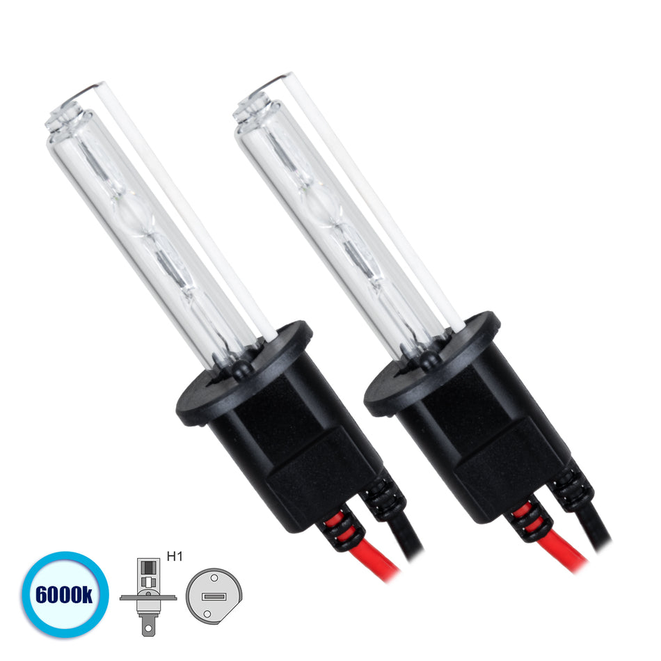 GLOBOSTAR® HID 84000 Λάμπα Xenon H1 Super Vision Υψηλής Φωτεινότητας +30% 35W/70W 3500lm/7000lm 360° DC 12-24V Αδιάβροχο IP65 Ψυχρό Λευκό 6000K - Μ2.3 x Π2 x Υ7.1cm - Πακέτο 2 Τεμαχίων - 2 Χρόνια Εγγύηση