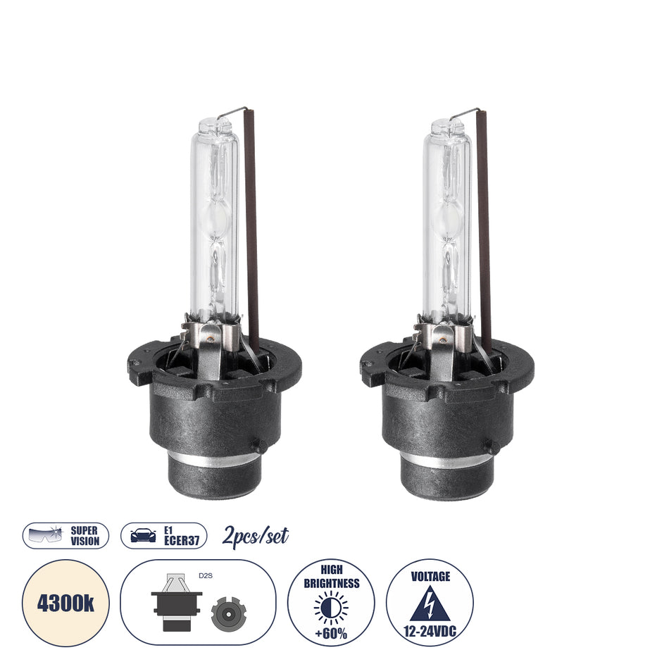 GLOBOSTAR® HID 84024 Λάμπα Xenon D2S/D2C Super Vision Υψηλής Φωτεινότητας +60% CANbus E1 ECER37 55W/110W 5000lm/10000lm 360° DC 12-24V Αδιάβροχο IP65 Φυσικό Λευκό 4300K - Μ3.2 x Π3.2 x Υ7.5cm - Πακέτο 2 Τεμαχίων - 2 Χρόνια Εγγύηση