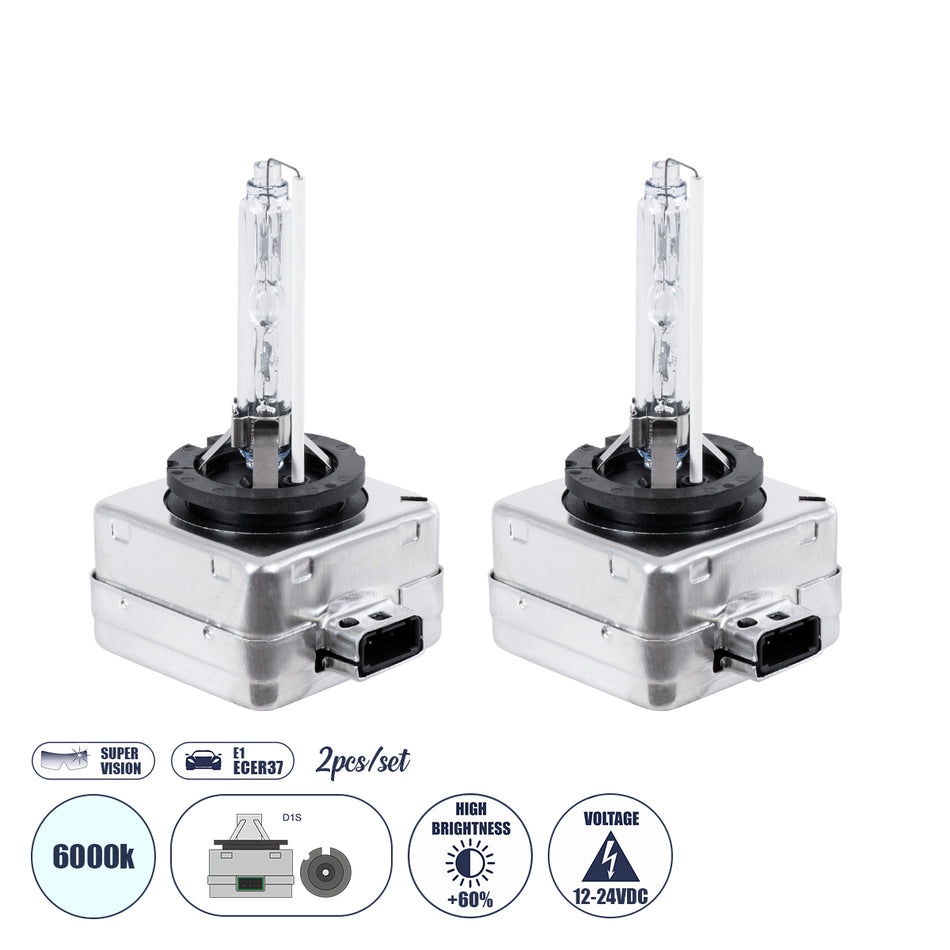 HID 84030 Λάμπα Xenon D1S Super Vision Υψηλής Φωτεινότητας +60% CANbus E1 ECER37 55W/110W 5000lm/10000lm 360° DC 12-24V Αδιάβροχο IP65 Ψυχρό Λευκό 6000K - Μ4.5 x Π5 x Υ8.5cm - Πακέτο 2 Τεμαχίων - 2 Χρόνια Εγγύηση