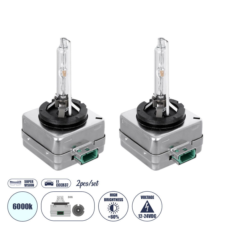 GLOBOSTAR® HID 84034 Λάμπα Xenon D3S Super Vision Υψηλής Φωτεινότητας +60% CANbus E1 ECER37 55W/110W 5000lm/10000lm 360° DC 12-24V Αδιάβροχο IP65 Ψυχρό Λευκό 6000K - Μ4 x Π5 x Υ8cm - Πακέτο 2 Τεμαχίων - 2 Χρόνια Εγγύηση
