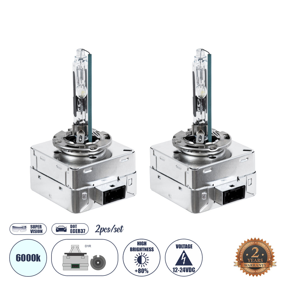 GLOBOSTAR® HID 84041 Λάμπα Xenon D1R Super Vision Υψηλής Φωτεινότητας +80% CANbus DOT ECER37 55W/110W 5000lm/10000lm 360° DC 12-24V Αδιάβροχο IP65 Ψυχρό Λευκό 6000K - Μ4 x Π5 x Υ8cm - Πακέτο 2 Τεμαχίων - 2 Χρόνια Εγγύηση