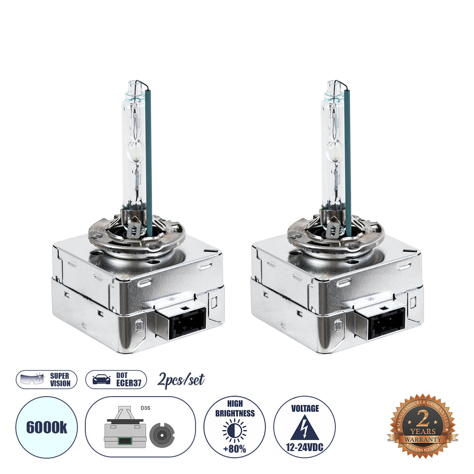GLOBOSTAR® HID 84044 Λάμπα Xenon D3S Super Vision Υψηλής Φωτεινότητας +80% CANbus DOT ECER37 55W/110W 5000lm/10000lm 360° DC 12-24V Αδιάβροχο IP65 Ψυχρό Λευκό 6000K - Μ4 x Π5 x Υ8cm - Πακέτο 2 Τεμαχίων - 2 Χρόνια Εγγύηση