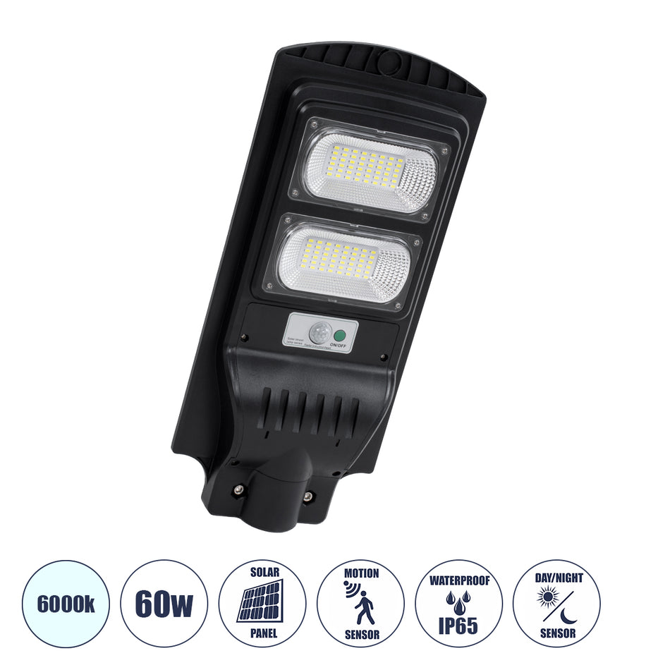 STREETB 85342 Φωτιστικό Δρόμου LED 60W 3000lm 120° DC 5V με Ενσωματωμένο Φωτοβολταϊκό Panel 6V 9W & Επαναφορτιζόμενη Μπαταρία Li-ion 3.2V 9000mAh με Αισθητήρα Κίνησης-Ημέρας-Νύχτας Αδιάβροχο IP65 Ψυχρό Λευκό 6000K - Μαύρο - Μ22 x Π50 x Υ6cm - 2 Χρόνια ...