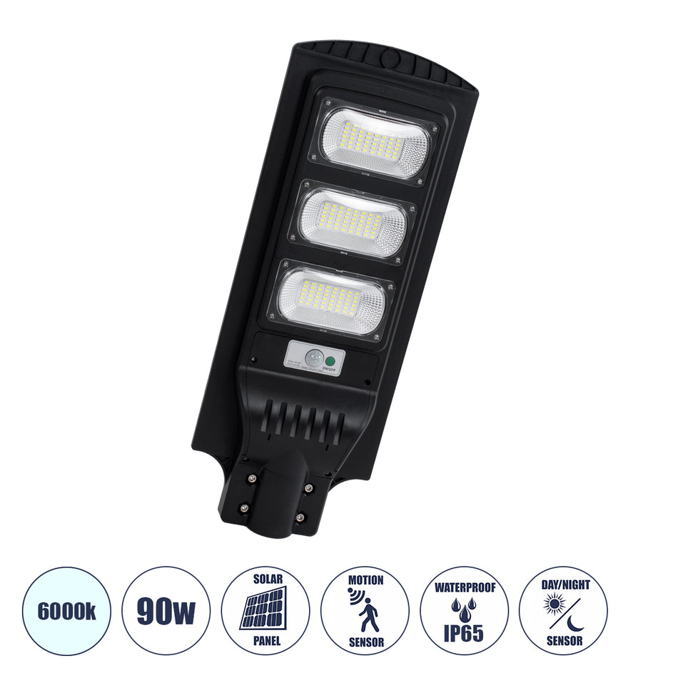 GLOBOSTAR® STREETB 85343 Φωτιστικό Δρόμου LED 90W 4500lm 120° DC 5V με Ενσωματωμένο Φωτοβολταϊκό Panel 6V 12W & Επαναφορτιζόμενη Μπαταρία Li-ion 3.2V 12000mAh με Αισθητήρα Κίνησης-Ημέρας-Νύχτας Αδιάβροχο IP65 Ψυχρό Λευκό 6000K - Μαύρο - Μ24 x Π63 x Υ6c...