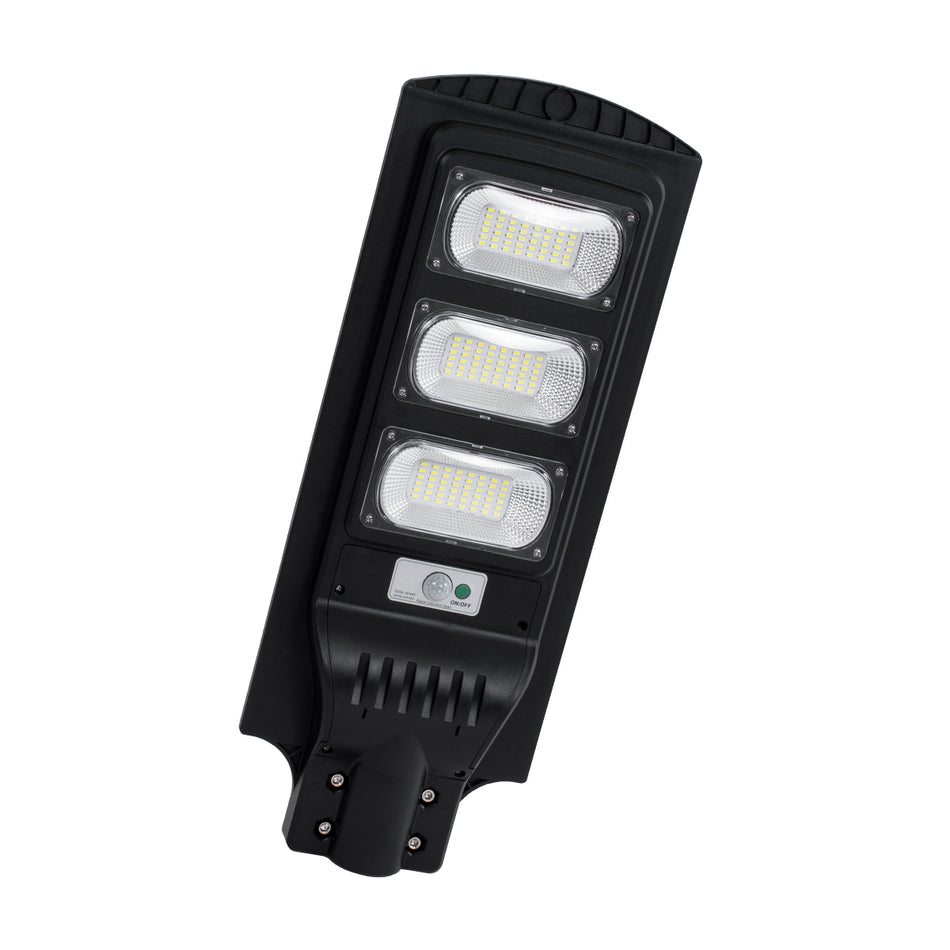 GLOBOSTAR® STREETB 85343 Φωτιστικό Δρόμου LED 90W 4500lm 120° DC 5V με Ενσωματωμένο Φωτοβολταϊκό Panel 6V 12W & Επαναφορτιζόμενη Μπαταρία Li-ion 3.2V 12000mAh με Αισθητήρα Κίνησης-Ημέρας-Νύχτας Αδιάβροχο IP65 Ψυχρό Λευκό 6000K - Μαύρο - Μ24 x Π63 x Υ6c...