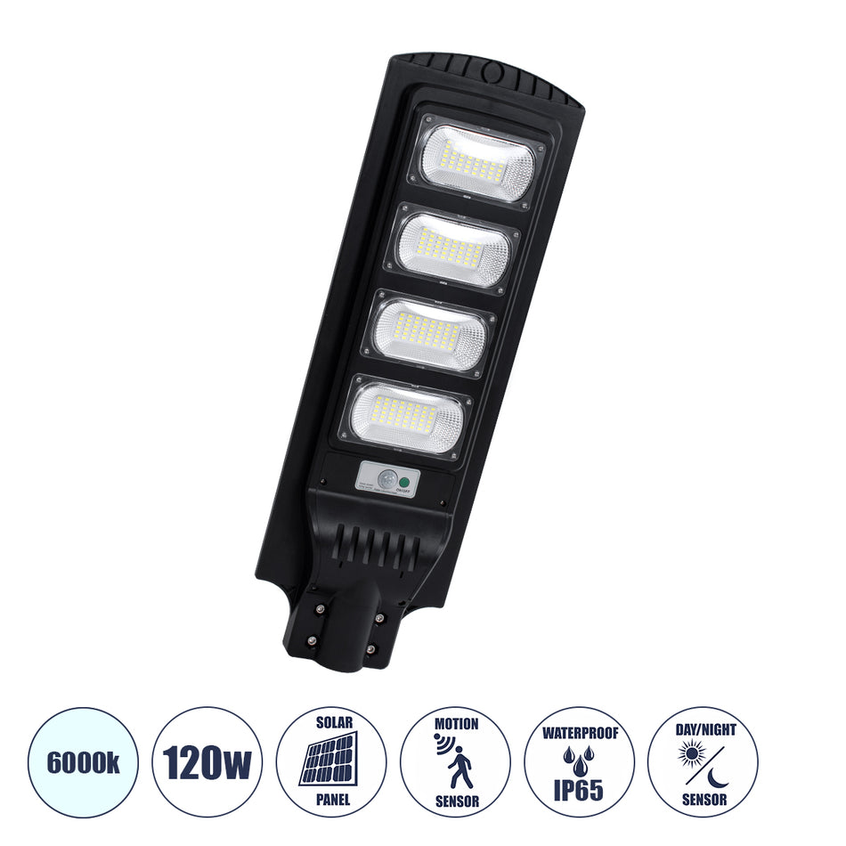 GloboStar® STREETA 85344 Professional LED Solar Street Light Αυτόνομο Ηλιακό Φωτιστικό Δρόμου 120W 1200lm 192 x LED SMD 5730 με Ενσωματωμένο Φωτοβολταϊκό Panel 6V 15W & Επαναφορτιζόμενη Μπαταρία Li-ion 3.2V 15000mAh με Αισθητήρα Ημέρας-Νύχτας & PIR Αισ...