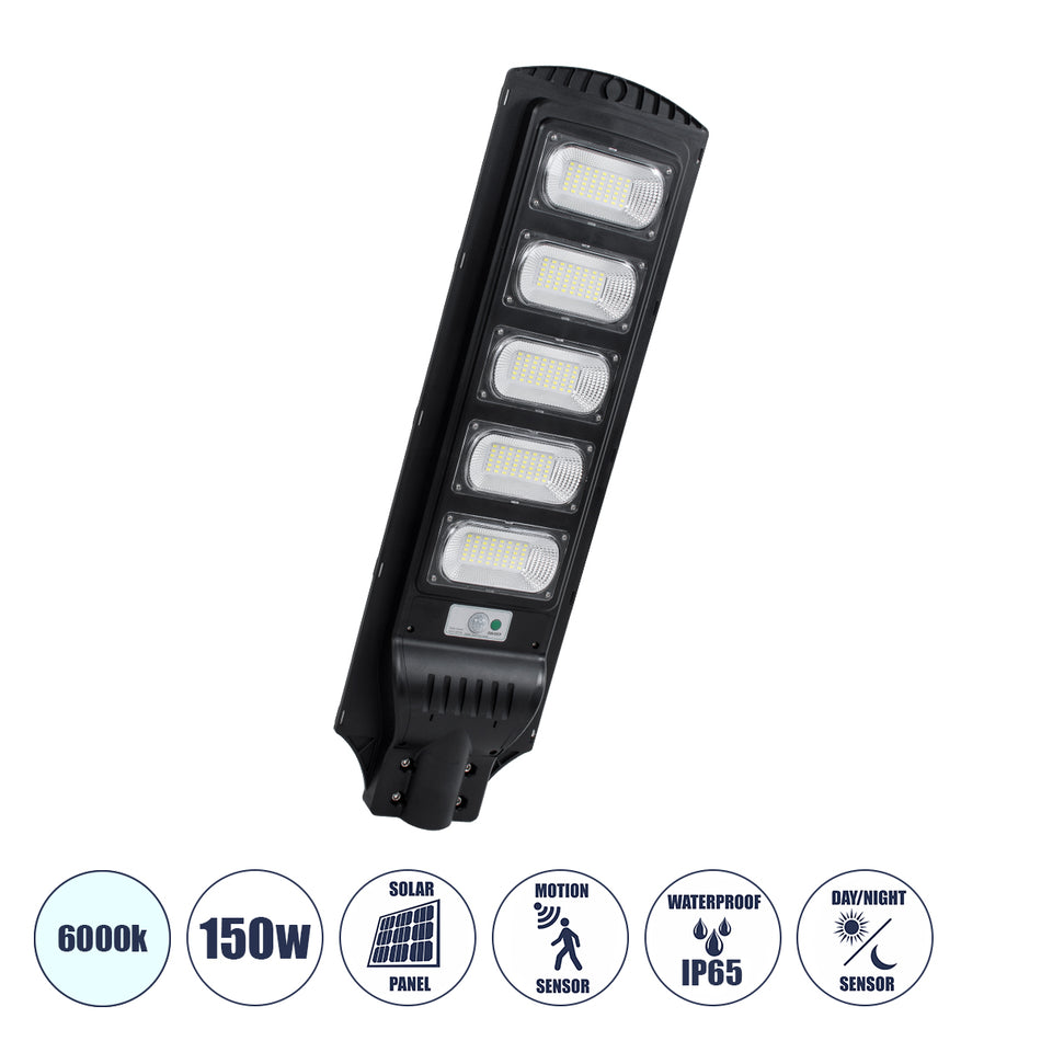 GloboStar® STREETA 85345 Professional LED Solar Street Light Αυτόνομο Ηλιακό Φωτιστικό Δρόμου 150W 1500lm 240 x LED SMD 5730 με Ενσωματωμένο Φωτοβολταϊκό Panel 6V 18W & Επαναφορτιζόμενη Μπαταρία Li-ion 3.2V 20000mAh με Αισθητήρα Ημέρας-Νύχτας & PIR Αισ...