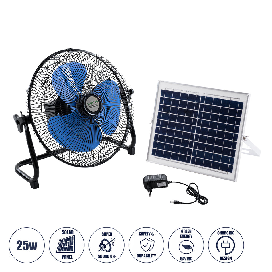 GloboStar® SOLARO-FAN 85351 Solar Fan Αυτόνομος Ηλιακός Επιδαπέδιος Ανεμιστήρας 25W 2 Λειτουργιών Ρεύματος με AC 220-240V ή με Φωτοβολταϊκό Panel 9V 12W & Επαναφορτιζόμενη Μπαταρία Li-ion 7.4V 4400mAh - 12 Ταχύτητες - Ενσωματωμένο USB 2.0 Charger Συσκε...