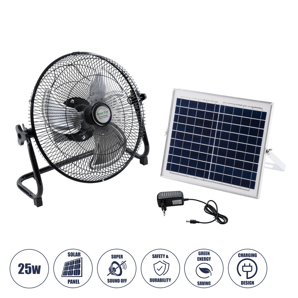 SOLARO-FAN 85352 Solar Fan Αυτόνομος Ηλιακός Επιδαπέδιος Ανεμιστήρας 25W 2 Λειτουργιών Ρεύματος με AC 220-240V ή με Φωτοβολταϊκό Panel 9V 12W & Επαναφορτιζόμενη Μπαταρία Li-ion 7.4V 4400mAh - 12 Ταχύτητες - Ενσωματωμένο USB 2.0 Charger Συσκευών - IP20 ...