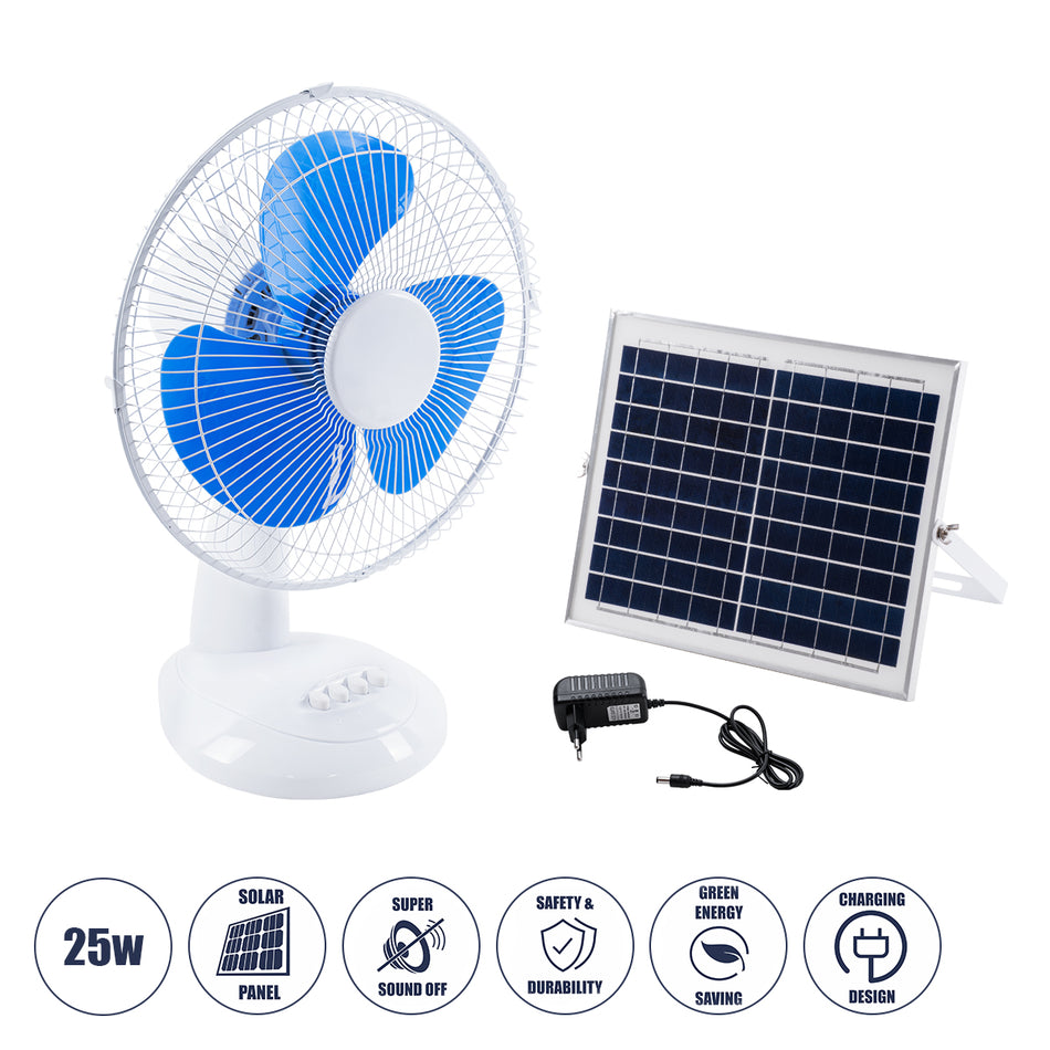GloboStar® SOLARI-FAN 85353 Solar Fan Αυτόνομος Ηλιακός Επιτραπέζιος Ανεμιστήρας 25W 2 Λειτουργιών Ρεύματος με AC 220-240V ή με Φωτοβολταϊκό Panel 9V 12W & Επαναφορτιζόμενη Μπαταρία Li-ion 7.4V 4400mAh - 3 Ταχύτητες - IP20 - Μ24 x Π36 x Υ49cm - Λευκό &...