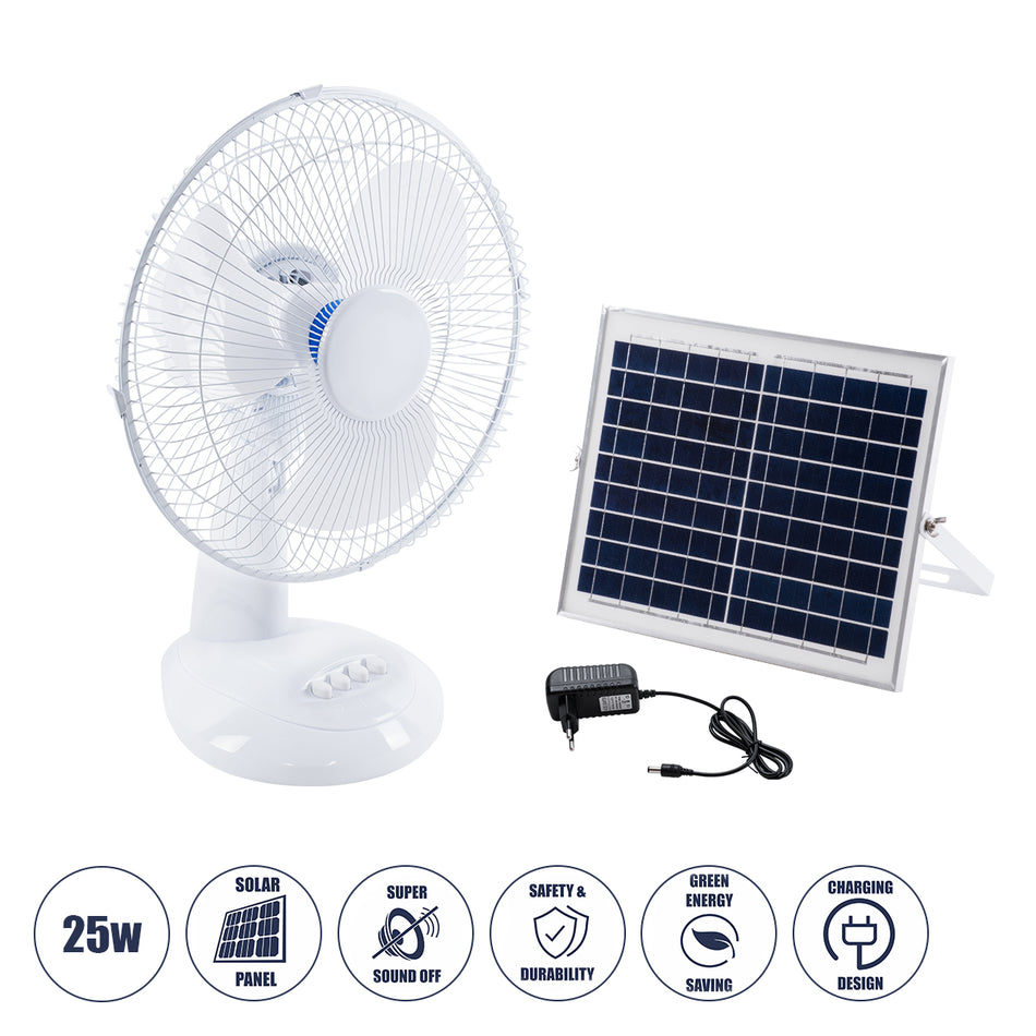 GloboStar® SOLARI-FAN 85354 Solar Fan Αυτόνομος Ηλιακός Επιτραπέζιος Ανεμιστήρας 25W 2 Λειτουργιών Ρεύματος με AC 220-240V ή με Φωτοβολταϊκό Panel 9V 12W & Επαναφορτιζόμενη Μπαταρία Li-ion 7.4V 4400mAh - 3 Ταχύτητες - IP20 - Μ24 x Π36 x Υ49cm - Λευκό -...