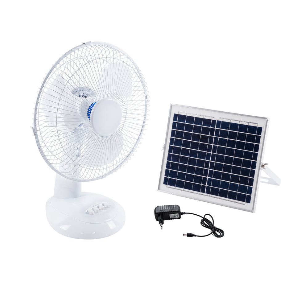 GloboStar® SOLARI-FAN 85354 Solar Fan Αυτόνομος Ηλιακός Επιτραπέζιος Ανεμιστήρας 25W 2 Λειτουργιών Ρεύματος με AC 220-240V ή με Φωτοβολταϊκό Panel 9V 12W & Επαναφορτιζόμενη Μπαταρία Li-ion 7.4V 4400mAh - 3 Ταχύτητες - IP20 - Μ24 x Π36 x Υ49cm - Λευκό -...