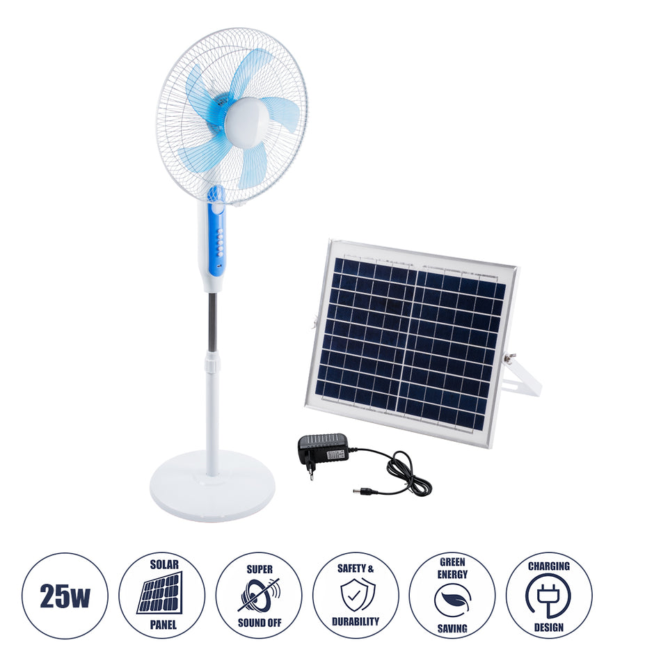 GloboStar® SOLARA-FAN 85355 Solar Fan Αυτόνομος Ηλιακός Επιδαπέδιος Ανεμιστήρας 25W 2 Λειτουργιών Ρεύματος με AC 220-240V ή με Φωτοβολταϊκό Panel 9V 12W & Επαναφορτιζόμενη Μπαταρία Li-ion 7.4V 4400mAh - 3 Ταχύτητες - Ενσωματωμένο USB 2.0 Charger Συσκευ...