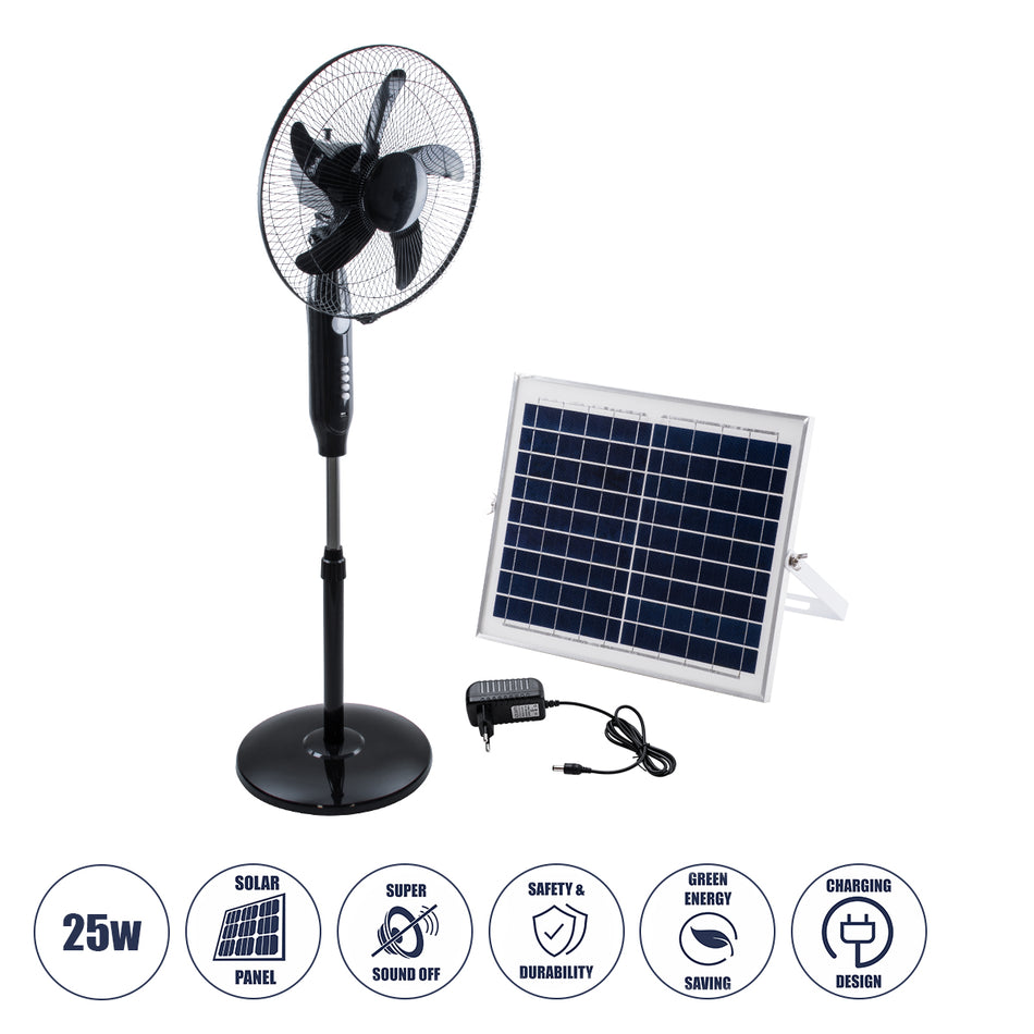 GloboStar® SOLARA-FAN 85356 Solar Fan Αυτόνομος Ηλιακός Επιδαπέδιος Ανεμιστήρας 25W 2 Λειτουργιών Ρεύματος με AC 220-240V ή με Φωτοβολταϊκό Panel 9V 12W & Επαναφορτιζόμενη Μπαταρία Li-ion 7.4V 4400mAh - 3 Ταχύτητες - Ενσωματωμένο USB 2.0 Charger Συσκευ...