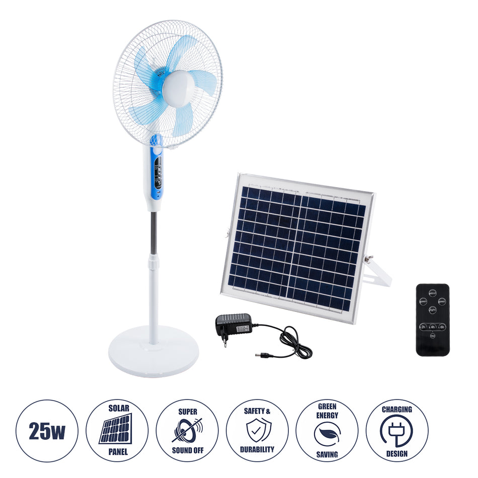 GloboStar® SOLARE-FAN 85357 Solar Fan Αυτόνομος Ηλιακός Επιδαπέδιος Ανεμιστήρας 25W 2 Λειτουργιών Ρεύματος με AC 220-240V ή με Φωτοβολταϊκό Panel 9V 15W & Επαναφορτιζόμενη Μπαταρία Li-ion 7.4V 6000mAh - 12 Ταχύτητες - Ασύρματο Χειριστήριο - Ενσωματωμέν...
