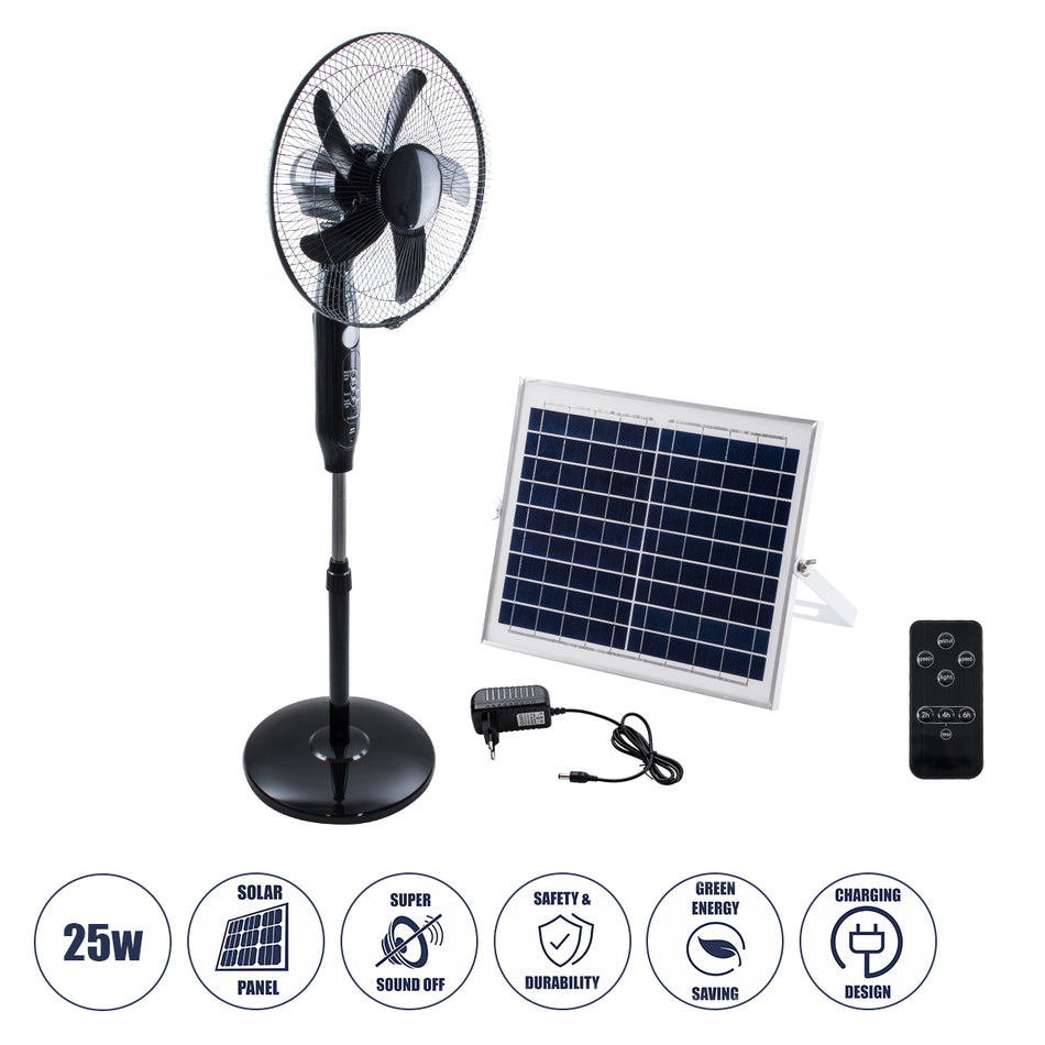 SOLARE-FAN 85358 Solar Fan Αυτόνομος Ηλιακός Επιδαπέδιος Ανεμιστήρας 25W 2 Λειτουργιών Ρεύματος με AC 220-240V ή με Φωτοβολταϊκό Panel 9V 15W & Επαναφορτιζόμενη Μπαταρία Li-ion 7.4V 6000mAh - 12 Ταχύτητες - Ασύρματο Χειριστήριο - Ενσωματωμένο USB 2.0 C...