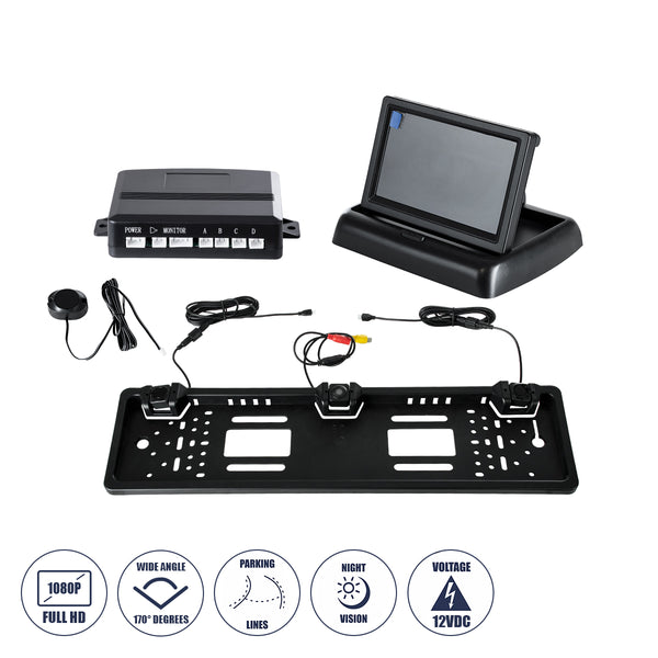 170°-Kennzeichenrahmen-Parksystem mit 2 Sensoren, 1 Nachtsichtkamera mit Parklinien und 4,3-Zoll-LCD-1080p-CMOS-Signal DC 12 V