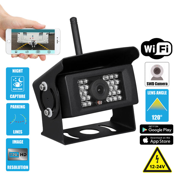 86025 Cameră color WiFi 720p SWD HD auto Retrament-dc 12-24v 120 ° Aplicație de captare de noapte cu linii de parcare IP69K impermeabil