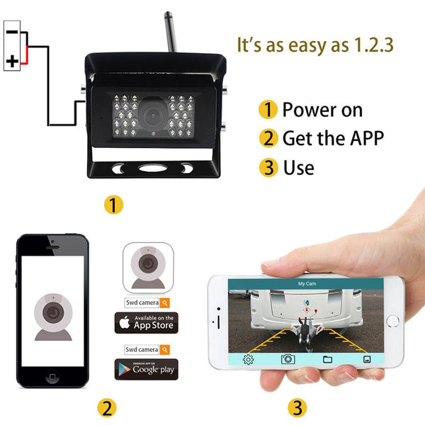 WiFi-Farbkamera 720p SWD HD Rückfahrkamera DC 12-24V 120° mit APP Nachtaufnahme mit Parklinien Wasserdicht IP69K