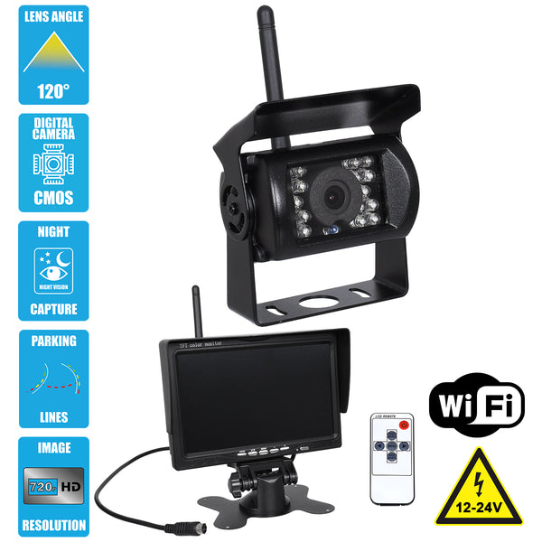 86030 Cameră color WiFi 720p CMOS HD CAR VEDEA REAPĂ DC 12-24V 120 ° cu 7 "DC 12-24V Captură de noapte cu linii de parcare și IP65 impermeabil wireless