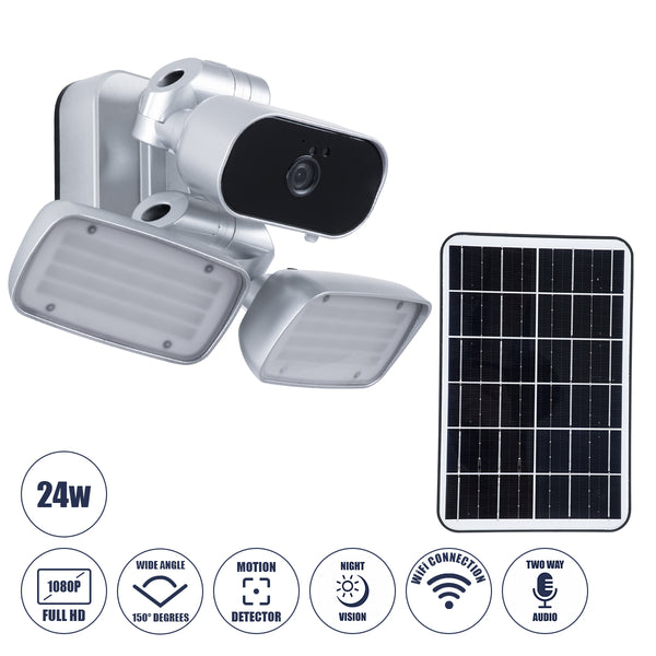 Eigenständiger LED-Solarfluter SMD 24W 1200lm mit IP-Kamera 1080P 2MP WiFi | Eingebauter Akku 3200 mAh | Tag-Nacht-Sensor | Wasserdicht IP66