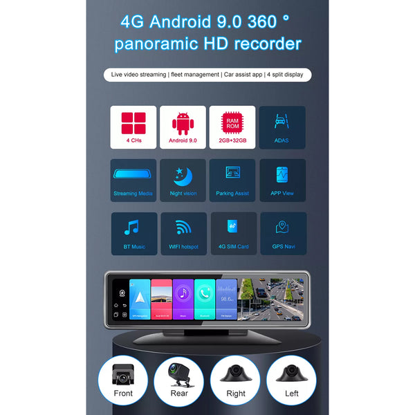 86058 Καθρέπτης Αυτοκινήτου Android 9.0 360° με 4 Κάμερες SD Card Slot - RAM2GB+ROM32GB - FM Transmitter -  Νυχτερινή Όραση - με Parking Lines - Μαύρο