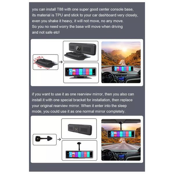 86058 Android Car Mirror 9.0 360 ° cu 4 slot pentru card SD - RAM2GB+ROM32GB - FM Transmițător - Viziune de noapte - Cu linii de parcare - Negru