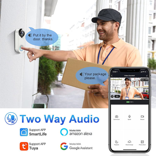 Intelligente All-In-One-Türklingel und Türklingelsystem – 1 x 1,0 MP 1080P-Kamera – 166°-Ansicht mit Nachtaufnahme, PIR-Bewegungssensor und bidirektionaler Sprache/Audio – Android- und iOS-App – wiederaufladbarer Akku ...