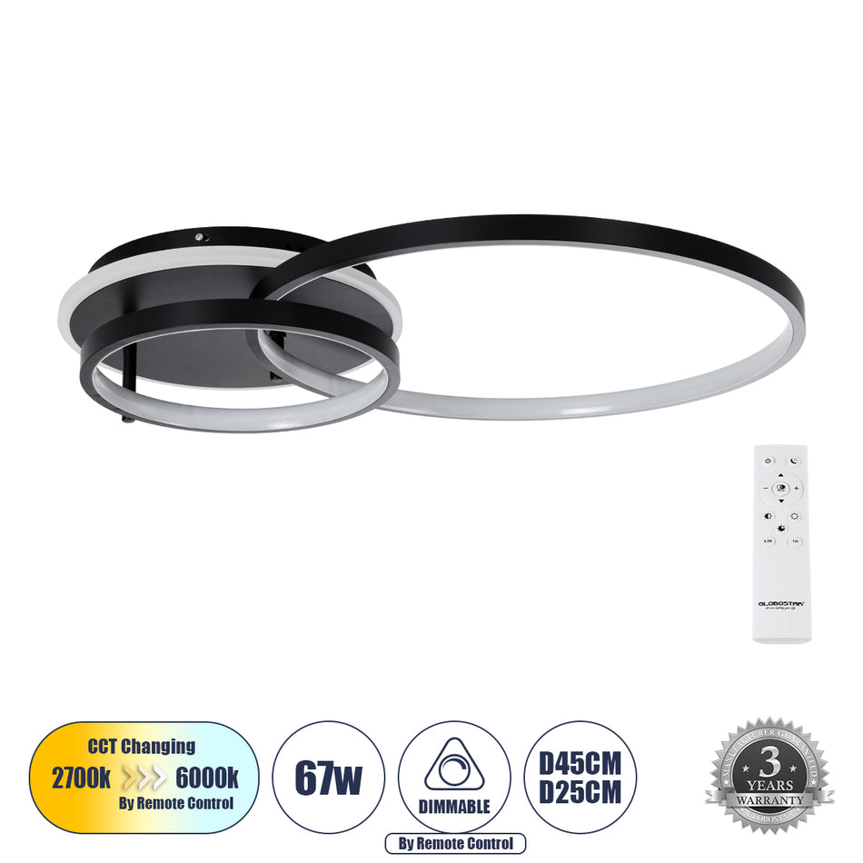 GLOBOSTAR® NEMESIS 61105 Μοντέρνο Φωτιστικό Οροφής LED 67W 7573lm 360° AC 220-240V IP20 Ρυθμιζόμενο Λευκό CCT με Χειριστήριο από 2700K έως 6000K Dimmable - Lumileds SMD Chip - Μαύρο Ματ - Μ84 x Π45 x Υ13cm - 3 Χρόνια Εγγύηση