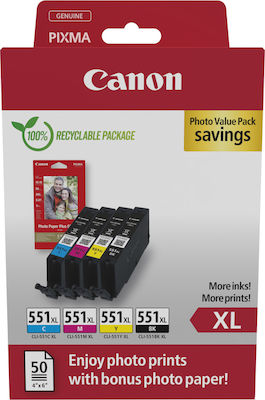 Canon CLI-551XL Γνήσιο Photo Value Pack με 4 Μελάνια Εκτυπωτή InkJet Κίτρινο / Κυανό / Ματζέντα / Μα
