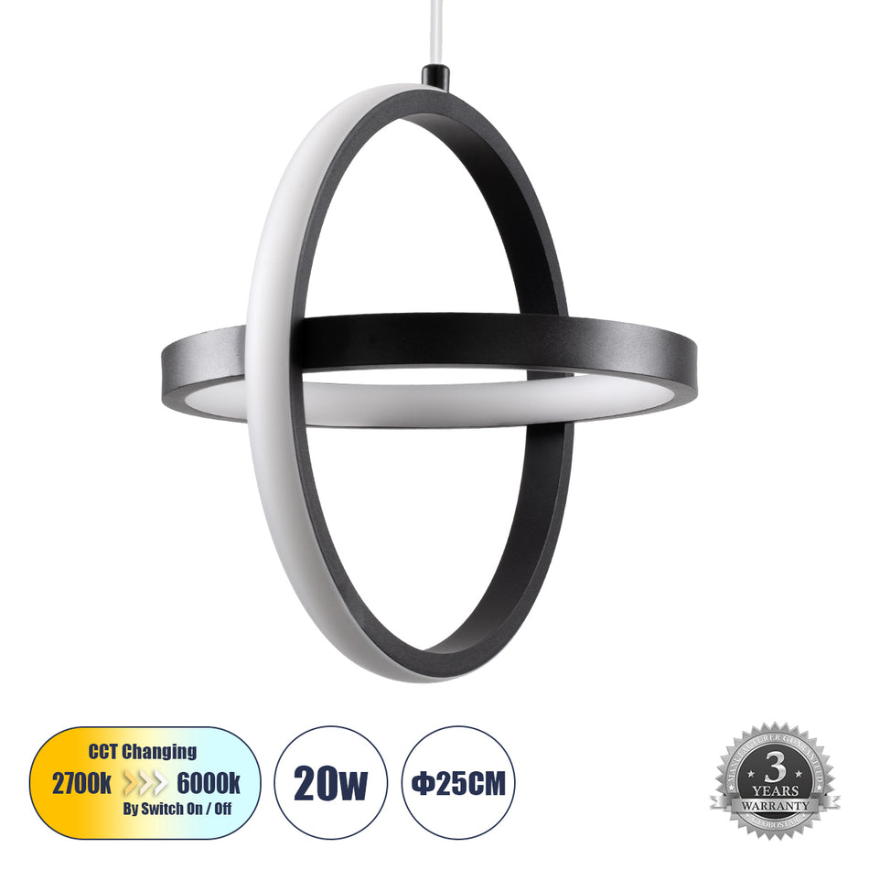 ALICE 61055 Μοντέρνο Κρεμαστό Φωτιστικό Οροφής LED 20W 2400lm 300° AC 220-240V IP20 Ρυθμιζόμενο Λευκό CCT με On/Off 2700K/4500K/6000K - Lumileds SMD Chip - Μαύρο Ματ - Μ25 x Π22 x Υ25cm - 3 Χρόνια Εγγύηση