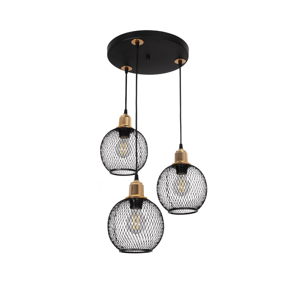 GLOBOSTAR® VIVIDUS 201-0020 Vintage Κρεμαστό Φωτιστικό Οροφής με Ντουί 3 x E27 AC 220-240V IP20 - Μαύρο & Χρυσό - Μ40 x Π40 x Υ60cm