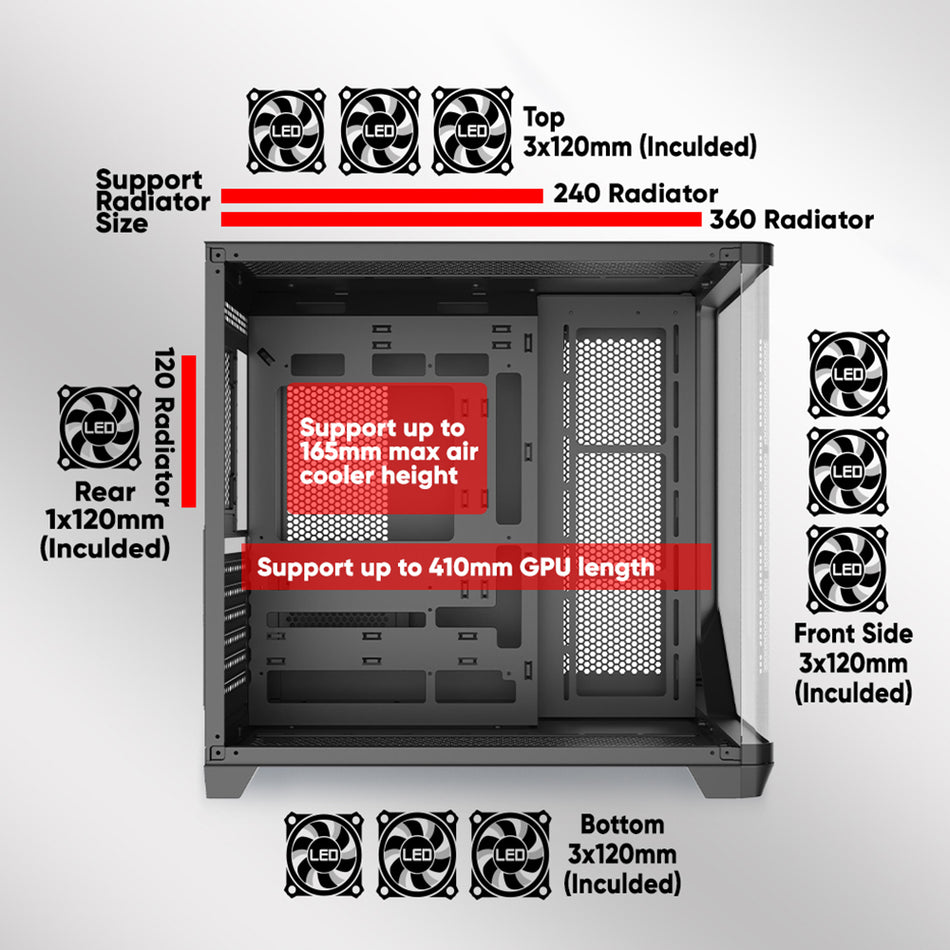 ARMAGGEDDON FULL ATX DUAL CHAMBER CHASSIS 10X ARGB FANS AQUARON X-CURVE GIGA 10 WHITE