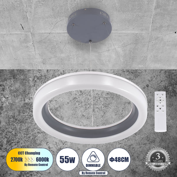 ARIANA 61039 Κρεμαστή Πλαφονιέρα Οροφής Κύκλος LED CCT 55W 6376lm 120° AC 220-240V - Εναλλαγή Φωτισμού μέσω Τηλεχειριστηρίου All In One Ψυχρό Λευκό 6000k+Φυσικό Λευκό 4500k+Θερμό Λευκό 2700k Dimmable Φ48cm - Ανθρακί - 3 Years Warrant