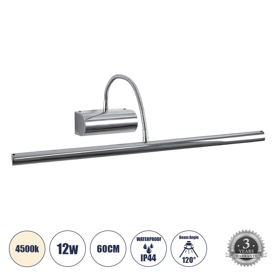 GLOBOSTAR® TROIS 60438 Μοντέρνο Φωτιστικό Τοίχου - Απλίκα Καθρέπτη Μπάνιου LED 12W 1400lm 120° AC 220-240V IP44 Φυσικό Λευκό 4500K - Lumileds SMD Chip & TÜV SÜD Driver - Νίκελ Χρώμιο - Μ60 x Π24 x Υ18cm - 3 Χρόνια Εγγύηση