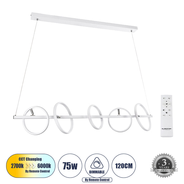 CIRCOLARE 61320 Κρεμαστό Φωτιστικό Οροφής Design LED CCT 75W 8400lm 360° AC 220-240V - Εναλλαγή Φωτισμού μέσω Τηλεχειριστηρίου All In One Ψυχρό 6000k+Φυσικό 4500k+Θερμό 2700k Dimmable Μ120 x Π25 x Υ25cm - Λευκό - 3 Χρόνια Εγγύηση