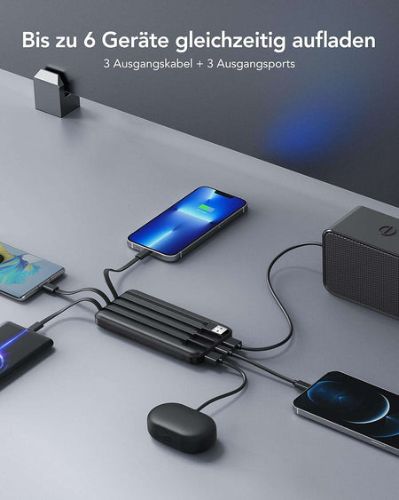Charmast W1148 Power Bank 10000mAh PD20W with built-in cables Micro USB / Type C / Lightning 5V3A  black
