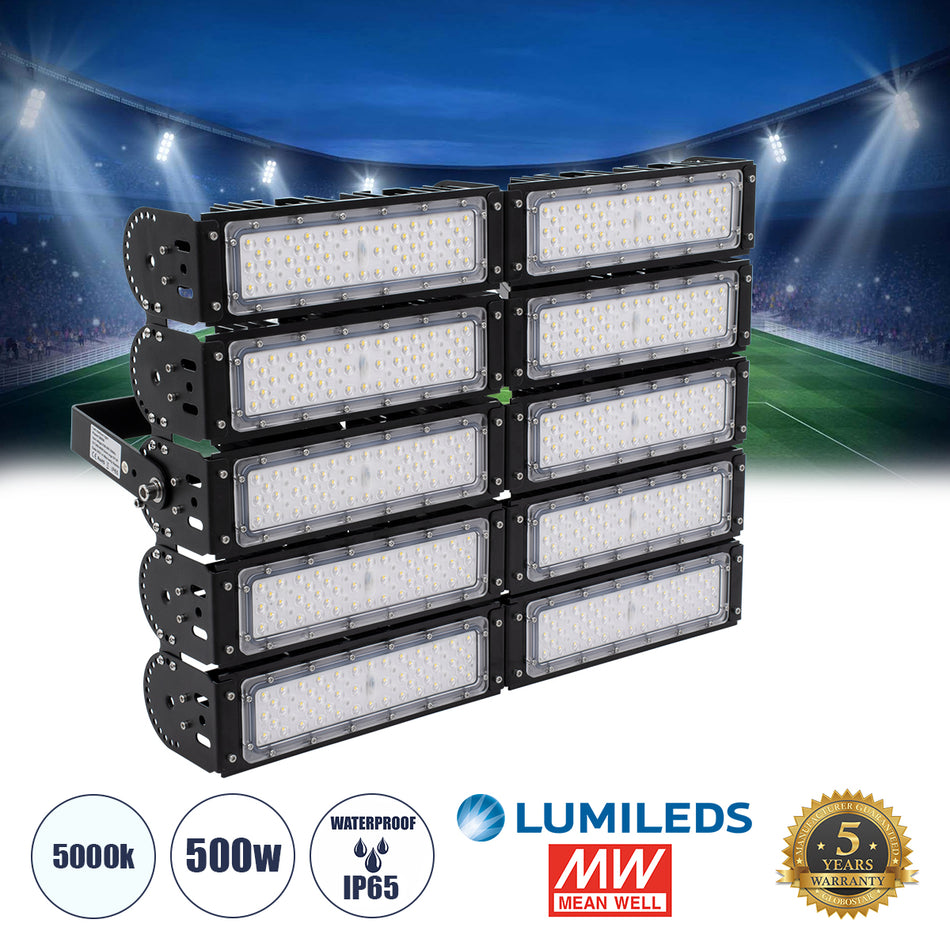 GLOBOSTAR® GOLIATH 90104 Προβολέας για Γήπεδα Tennis & Ποδοσφαίρου 5x5 LED 500W 75000lm 75°x135° SDCM<5 Fish Eye Lens AC 220-240V Αδιάβροχο IP65 IK08 Φυσικό Λευκό 5000K - Lumileds SMD Chip & Mean Well Driver - Μαύρο Ματ - Μ62 x Π22 x Υ45cm - 5 Χρόνια Ε...