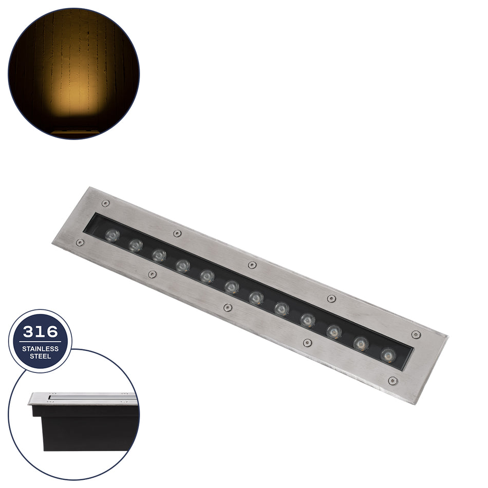 GLOBOSTAR® UNDERGROUND-REMVI 90192 Χωνευτή Μπάρα Φωτισμού Wall Washer LED 12W 1080lm 10° DC 24V Αδιάβροχο IP68 Θερμό Λευκό 2700K Dimmable - Ανοξείδωτο Ατσάλι 304 - Μ50 x Π7.4 x Υ7cm / Μ48.5 x Π7.5cm - 3 Χρόνια Εγγύηση