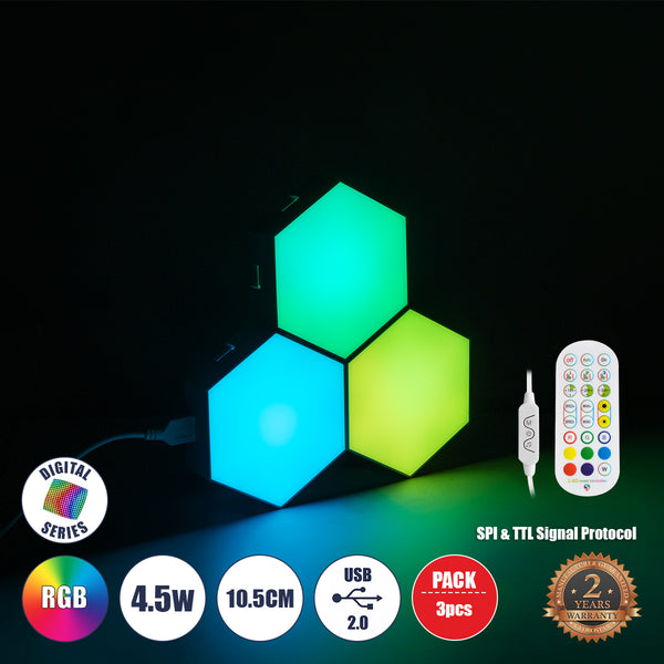 DIGIOCTA 90447 Σετ 3 Ψηφιακων LED RGB Φωτιστικών Κυψελών με Ψηφιακό Controller με WiFi Smart APP & Ασύρματο Χειριστήριο RF 2.4Ghz - LED SMD 5050 4.5W/Σετ 42PIXEL/Σετ 360lm/Σετ 120° DC 5V με USB 2.0 IP20 Πολύχρωμο RGB - Dimmable - Μ10.5 x Π10.5 x Υ3cm Α...