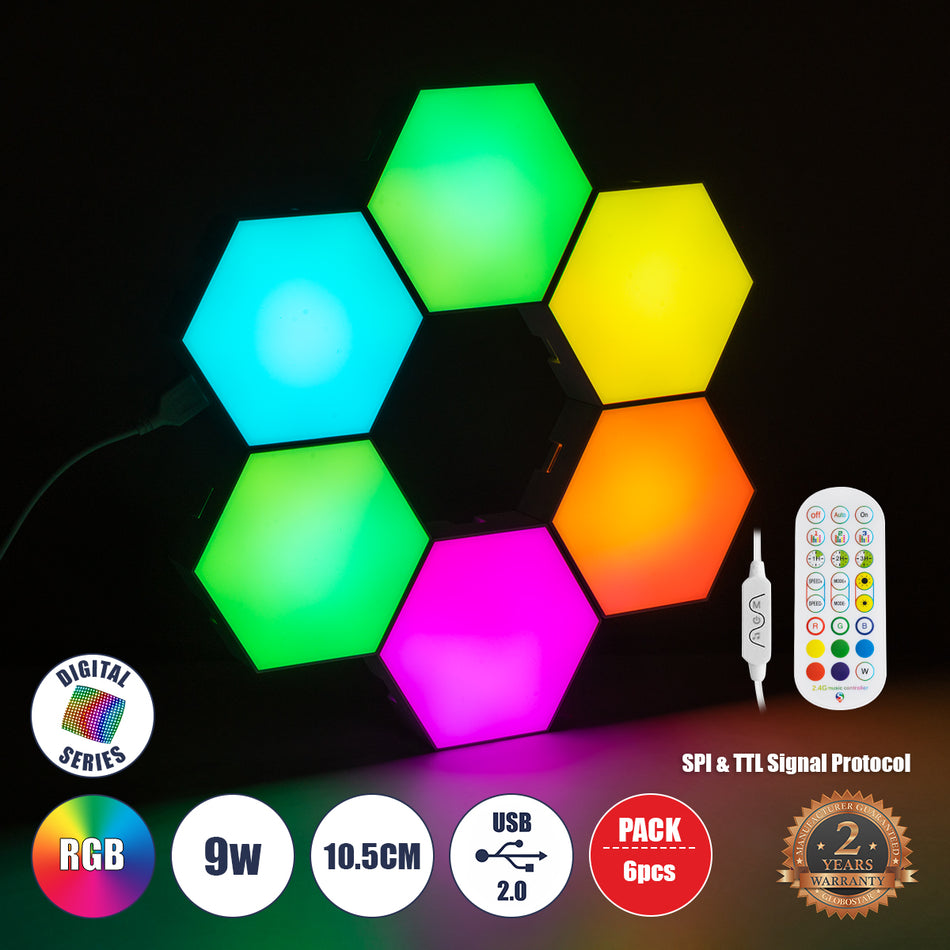 GloboStar® DIGIOCTA 90448 Σετ 6 Ψηφιακων LED RGB Φωτιστικών Κυψελών με Ψηφιακό Controller με WiFi Smart APP & Ασύρματο Χειριστήριο RF 2.4Ghz - LED SMD 5050 9W/Σετ 84PIXEL/Σετ 720lm/Σετ 120° DC 5V με USB 2.0 IP20 Πολύχρωμο RGB - Dimmable - Μ10.5 x Π10.5...