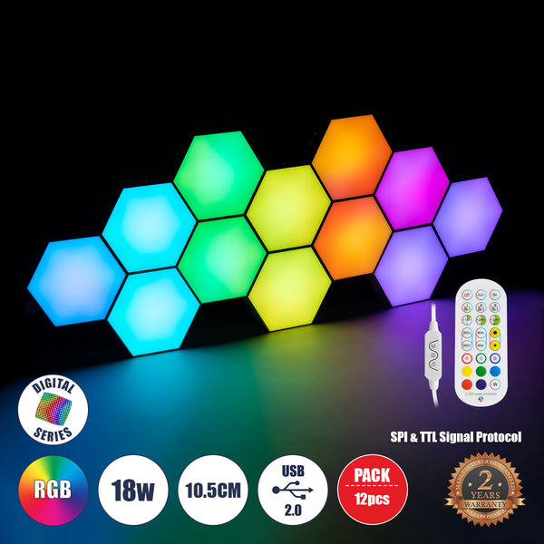 DIGIOCTA 90449 Σετ 12 Ψηφιακων LED RGB Φωτιστικών Κυψελών με Ψηφιακό Controller με WiFi Smart APP & Ασύρματο Χειριστήριο RF 2.4Ghz - LED SMD 5050 18W/Σετ 168PIXEL/Σετ 1440lm/Σετ 120° DC 5V με USB 2.0 IP20 Πολύχρωμο RGB - Dimmable - Μ10.5 x Π10.5 x Υ3cm...