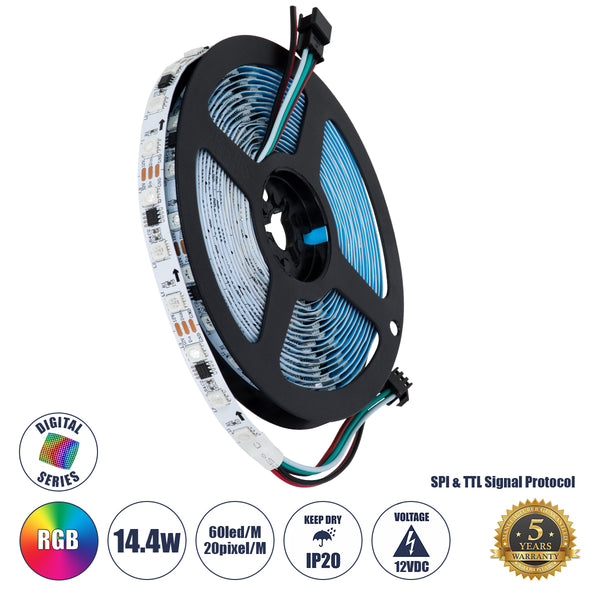 90589 Digital Pixel Addressable Strip 3 PIN - Ψηφιακή Ταινία LED SMD 5050 14.4W/m 60LED/m 20PIXEL/m SPI/TTL Protocol IC WS2811/UCS16703 1152lm/m 120° DC 12V IP20 RGB - Λευκό Σώμα - Μ5000 x Π10 x Υ2mm - Συσκευασία 5 Μέτρων - 5 Χρόνια Εγγύηση