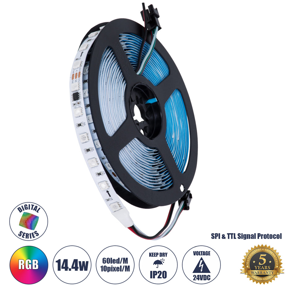 GLOBOSTAR® DIGIPRO 90596 Ψηφιακή Pixel Addressable Ταινία LED 14.4W/m 864lm/m 120° DC 24V IP20 60 x SMD5050 Chip/m 10 x Pixel/m Πολύχρωμο RGB Dimmable SPI/TTL Protocol IC WS2811/SM16703P - Sanan SMD Chip - Μ500 x Π1 x Υ0.2cm - Ρολό 5 Μέτρων - 5 Χρόνια ...