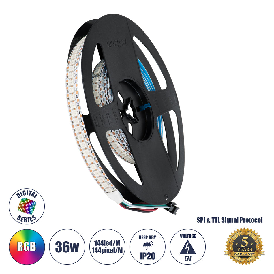 GLOBOSTAR® DIGIPRO 90597 Ψηφιακή Pixel Addressable Ταινία LED 36W/m 2160lm/m 120° DC 5V IP20 144 x SMD5050 Chip/m 144 x Pixel/m Πολύχρωμο RGB Dimmable SPI/TTL Protocol IC WS2812/SK6812 - Sanan SMD Chip - Μ200 x Π1.2 x Υ0.2cm - Ρολό 2 Μέτρων - 5 Χρόνια ...