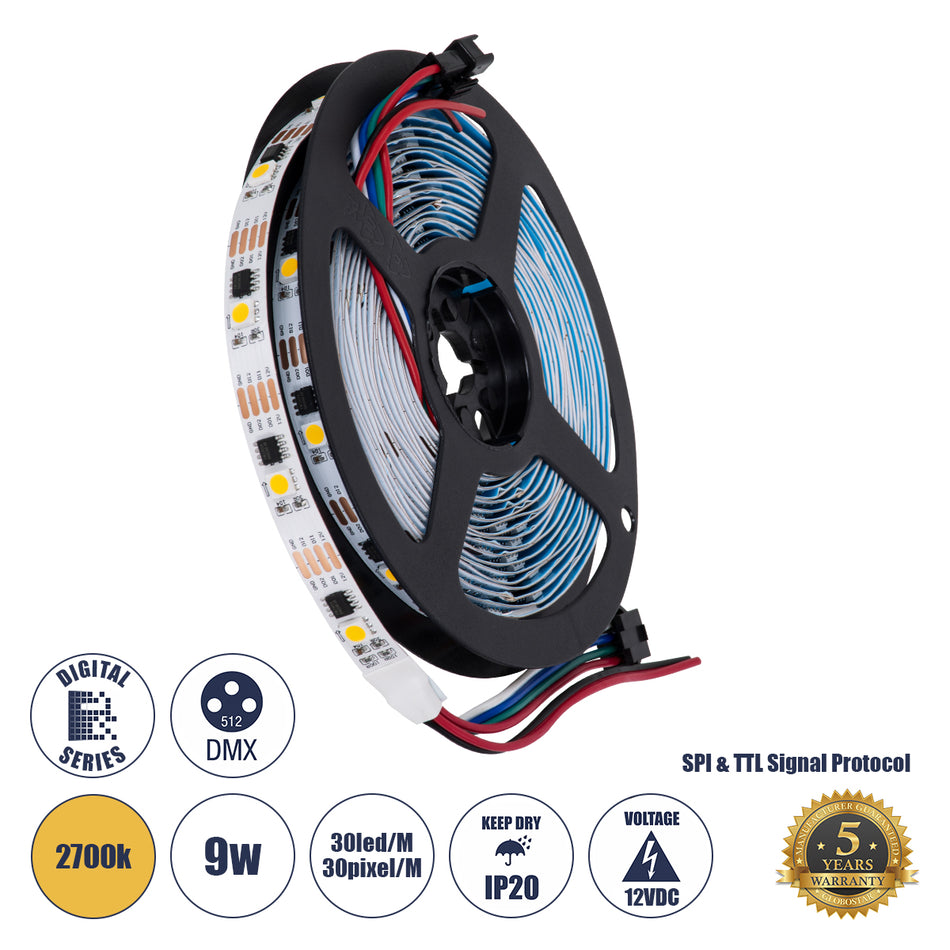 GLOBOSTAR® DIGIPRO 90598 Ψηφιακή Pixel Addressable Ταινία LED 9W/m 810lm/m 120° DC 12V IP20 30 x SMD5050 Chip/m 30 x Pixel/m Θερμό Λευκό 2700K Dimmable SPI/TTL Protocol IC TM1908 - Sanan SMD Chip - Μ500 x Π1 x Υ0.2cm - Ρολό 5 Μέτρων - 5 Χρόνια Εγγύηση