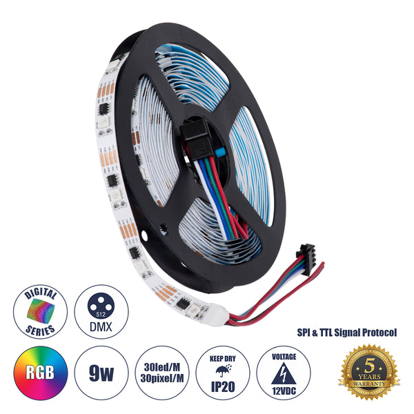 Bandă SMD LED digitală 5050 9W/M 30LED/M 30PIXEL/M SPI/TTL Protocol IC TM1908 720lm/m 120 ° DC 12V IP20 RGB - 5 ani garanție