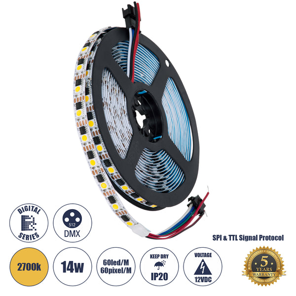 Digitaler LED-Streifen SMD 5050 14,4 W/m 60 LED/m 60 PIXEL/m SPI/TTL-Protokoll IC TM1908 1296 lm/m 120° DC 12 V IP20 – 5 Jahre Garantie